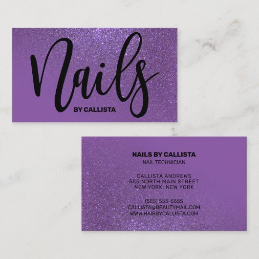 ネイリストバイオレットパープルグリッタータイポグラフィ 名刺 (正面/裏面)