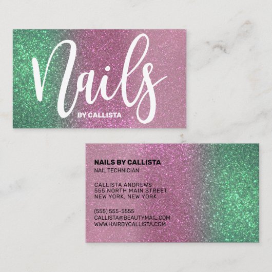 ネイリストマーメイドグリーンピンクトリプルグリッター 名刺 (正面/裏面)