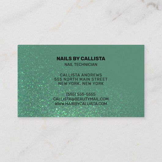 ネイリストマーメイドティール(緑がかった色)グリッタータイポグラフィ 名刺 (裏面)