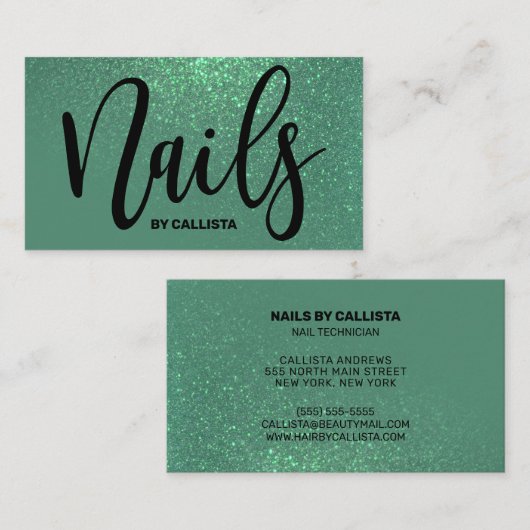 ネイリストマーメイドティール(緑がかった色)グリッタータイポグラフィ 名刺 (正面/裏面)