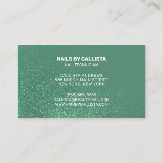 ネイリストマーメイドティール(緑がかった色)グリッタータイポグラフィ 名刺 (裏面)