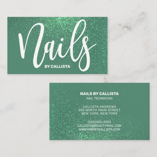 ネイリストマーメイドティール(緑がかった色)グリッタータイポグラフィ 名刺 (正面/裏面)
