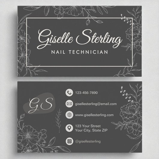 ネイリストムーディチャークグレーモダンフローラ 名刺