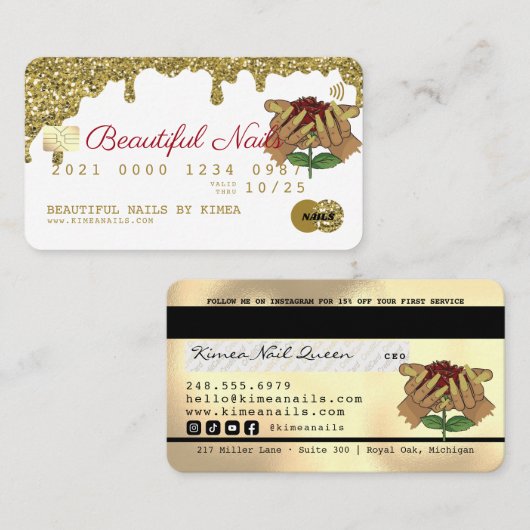 ネイリスト滴下金ゴールドグリッタークレジットスタイル 名刺 (正面/裏面)