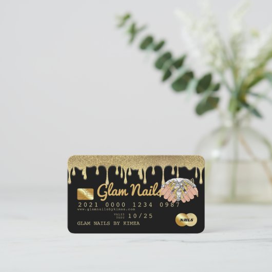 ネイリスト金ゴールドグリッター滴下クレジットカード 名刺 (スタンド正面)