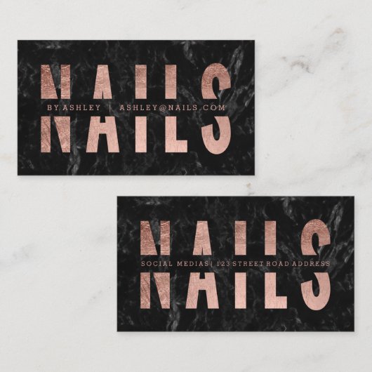 ネイルによって切り取られるばら色の金ゴールドのタイポグラフィの黒の大理石 名刺 (正面/裏面)