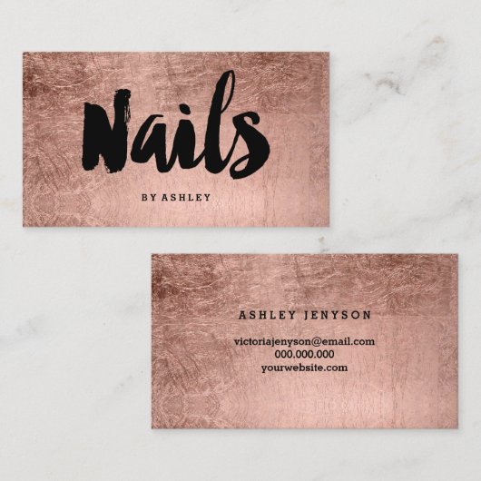 ネイルの芸術家のモダンなタイポグラフィののどのばら色の金ゴールド 名刺 (正面/裏面)