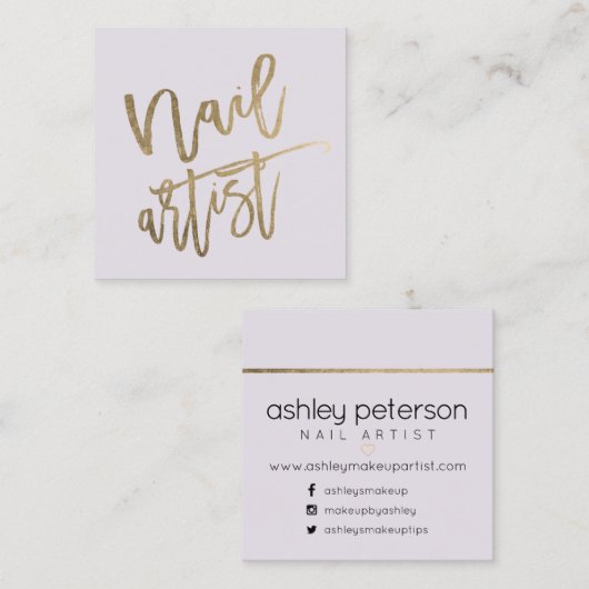 ネイルアーティストのタイポグラフィの金ゴールドの薄紫 スクエア名刺 (正面/裏面)