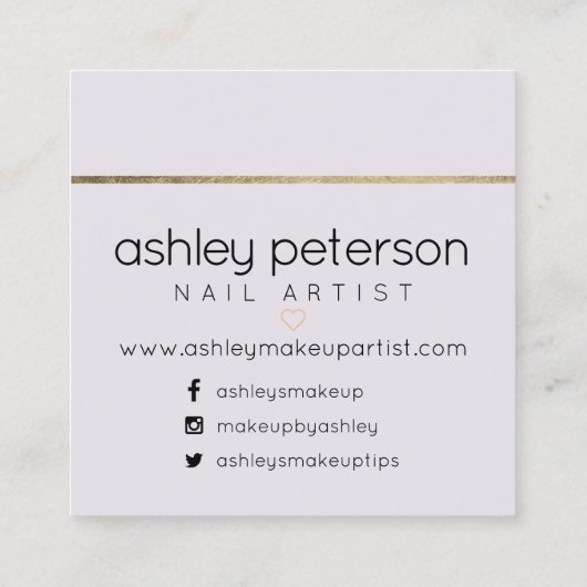 ネイルアーティストのタイポグラフィの金ゴールドの薄紫 スクエア名刺 (裏面)