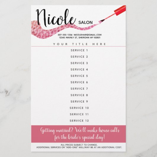 ネイルアーティストのマニキュア・ペディキュアサロンの料金表 チラシ (正面)