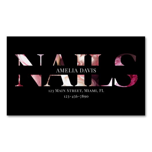 ネイルアーティストエレガントフローラブラックピンクマニキュリスト マグネット名刺 (正面)