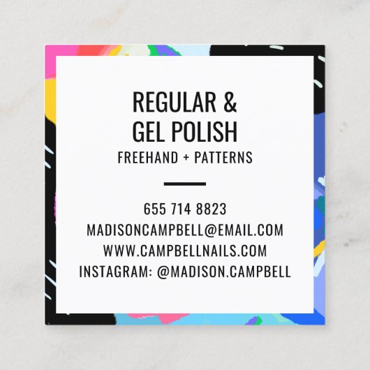 ネイルアーティストサロン抽象芸術フローラブラシストロークアート スクエア名刺 (裏面)