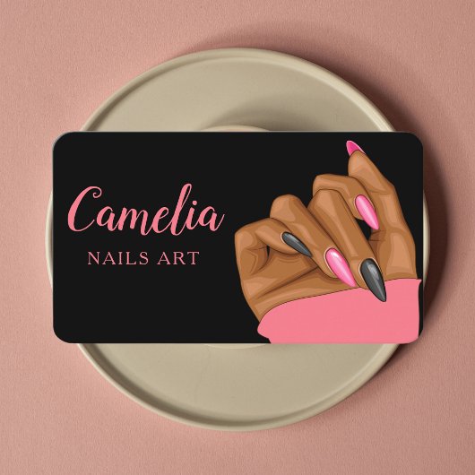 ネイルアーティストサロンQrコードブラックピンクビジネスカード 名刺