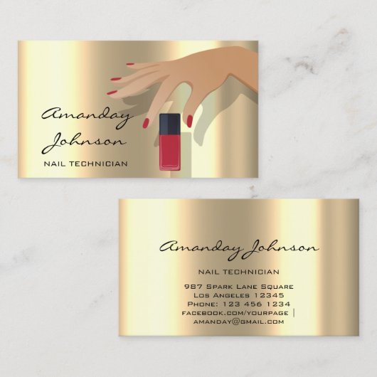 ネイルアーティストスタジオレッドマニキュアペディキュア金ゴールド 名刺 (正面/裏面)