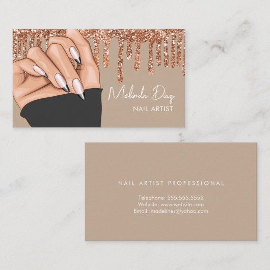 ネイルアーティストデザイナサロンフェイクグリッターバラ金ゴールド 名刺 (正面/裏面)