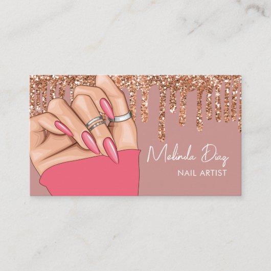 ネイルアーティストデザイナサロンフェイクグリッターピンク爪、 ネイル 名刺 (正面)