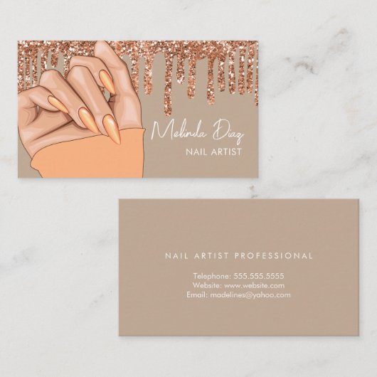 ネイルアーティストデザイナーサロンフェイクグリッターピーチ 名刺 (正面/裏面)