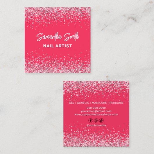 ネイルアーティストホットピンクグリッターサロン スクエア名刺 (正面/裏面)