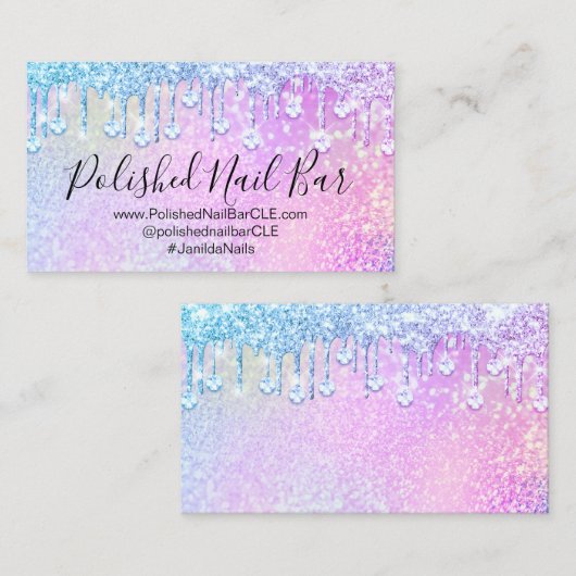ネイルアーティストホログラフダイヤモンドシルバードリップピンク 名刺 (正面/裏面)