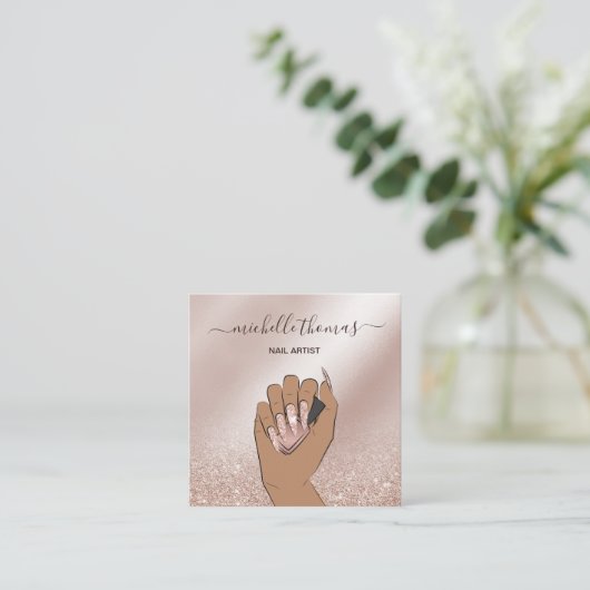 ネイルアーティスト署名バラ金ゴールドネイリスト スクエア名刺 (スタンド正面)