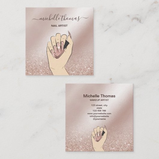 ネイルアーティスト署名バラ金ゴールドネイリストSq スクエア名刺 (正面/裏面)