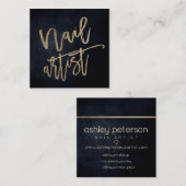 ネイルアーティスト金ゴールドタイポグラフィ黒水色 スクエア名刺 (正面/裏面)