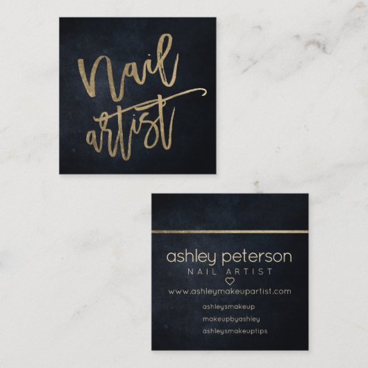ネイルアーティスト金ゴールドタイポグラフィ黒水色 スクエア名刺 (正面/裏面)