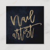 ネイルアーティスト金ゴールドタイポグラフィ黒水色 スクエア名刺 (正面)