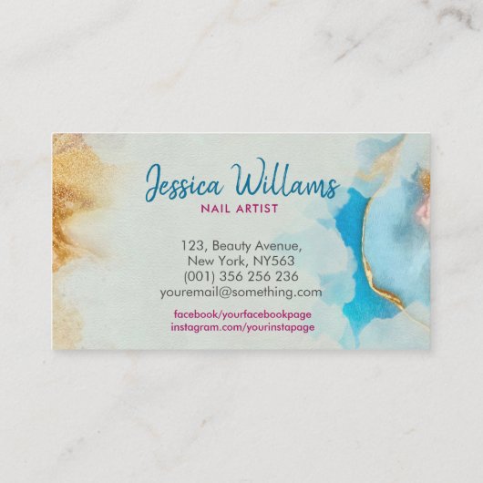 ネイルアートスタジオ – 抽象芸術水の色と金ゴールド 名刺 (裏面)