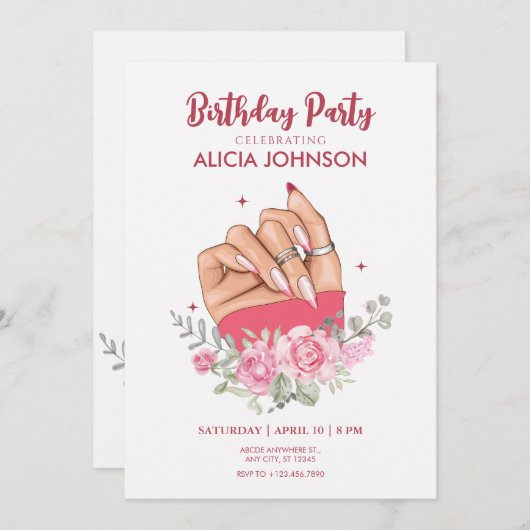 ネイルアートファンシーフローラ誕生日パーティーへの招待 招待状 (正面/裏面)