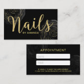ネイルサロンのモダンな黒及び金ゴールドの花柄のアポイントメント 予約カード (正面/裏面)