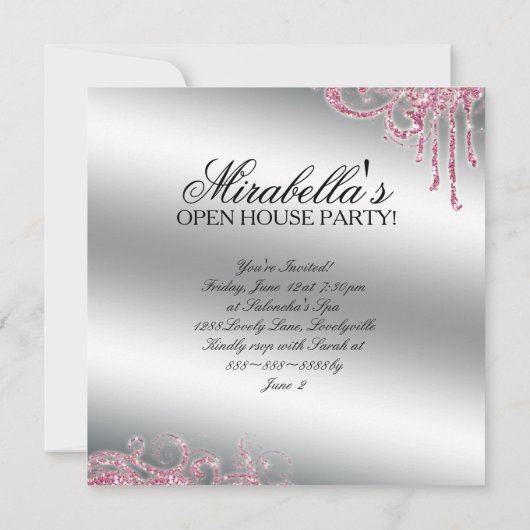 ネイルサロンエレガントピンクグリッターきらきら光る 招待状 (裏面)