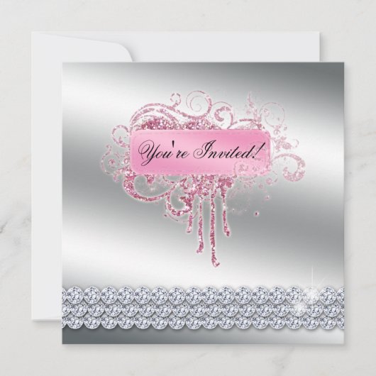 ネイルサロンエレガントピンクグリッターきらきら光る 招待状 (正面)