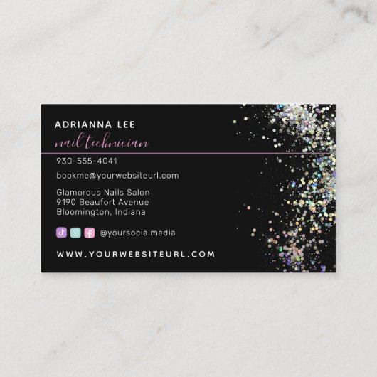 ネイルサロンダイヤモンドインハンズピンクグリッター爪、 ネイルテック 名刺 (裏面)