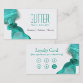 ネイルサロンティール(緑がかった色)グリーングリッターロイヤリティパンチカード ロイヤリティカード (正面/裏面)
