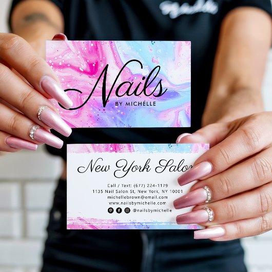 ネイルサロンピンクガーリーブルー抽象芸術水彩画 名刺