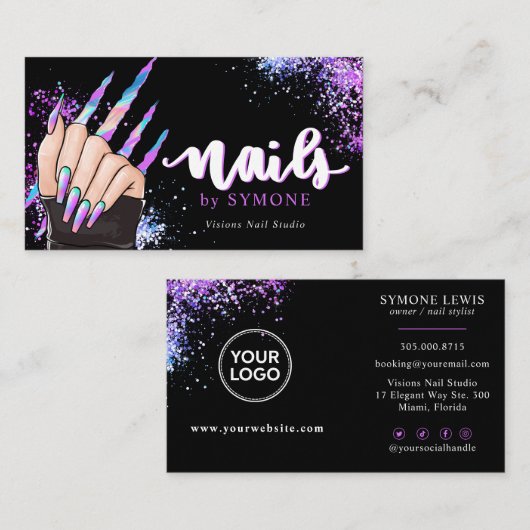 ネイルサロンホログラフィックグリッター爪、 ネイル技術美しい部 名刺 (正面/裏面)