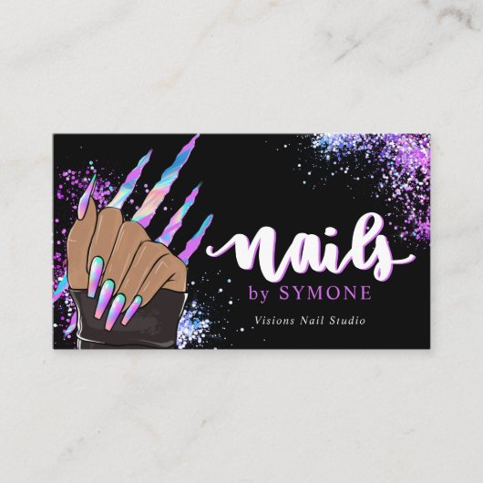 ネイルサロンホログラフィックグリッター爪、 ネイル技術美しい 名刺 (正面)