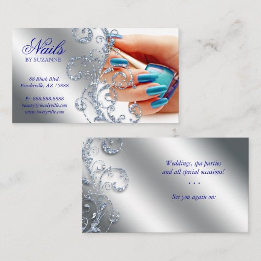 ネイルサロン技モダン術者グリッターブルーシルバー 名刺 (正面/裏面)