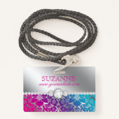 ネイルサロン技術者フローラダマスクピンクブルー  バッジ (裏面ランヤード)