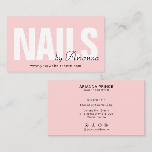 ネイルサロン |爪、 ネイル技術 |爪、 ネイルスタイリスト赤面ピンク 名刺 (正面/裏面)
