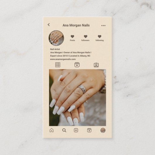 ネイルサロンInstagramフォトグリッドQrコードベージュ 名刺 (正面)