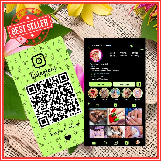 ネイルサロンInstagramライムグリーン | ソーシャルメディアQR 名刺
