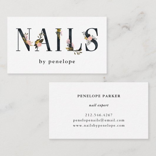 ネイル|の金ゴールドの赤面の黒の花柄のタイポグラフィ 名刺 (正面/裏面)