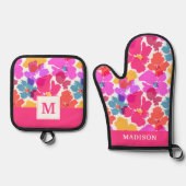 ネオカラフルモダンン花柄 鍋つかみ&鍋敷きセット (正面)