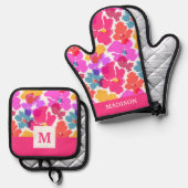 ネオカラフルモダンン花柄 鍋つかみ&鍋敷きセット (正面/裏面)