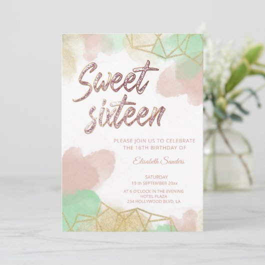 ネオクールミント赤面金ゴールド水色幾何学的 招待状 (スタンド正面)