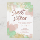 ネオクールミント赤面金ゴールド水色幾何学的 招待状 (正面/裏面)