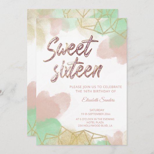 ネオクールミント赤面金ゴールド水色幾何学的 招待状 (正面/裏面)