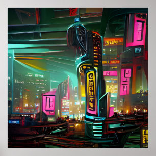 ネオノワールサイバーパンク抽象芸術ネオンライトシティ ポスター